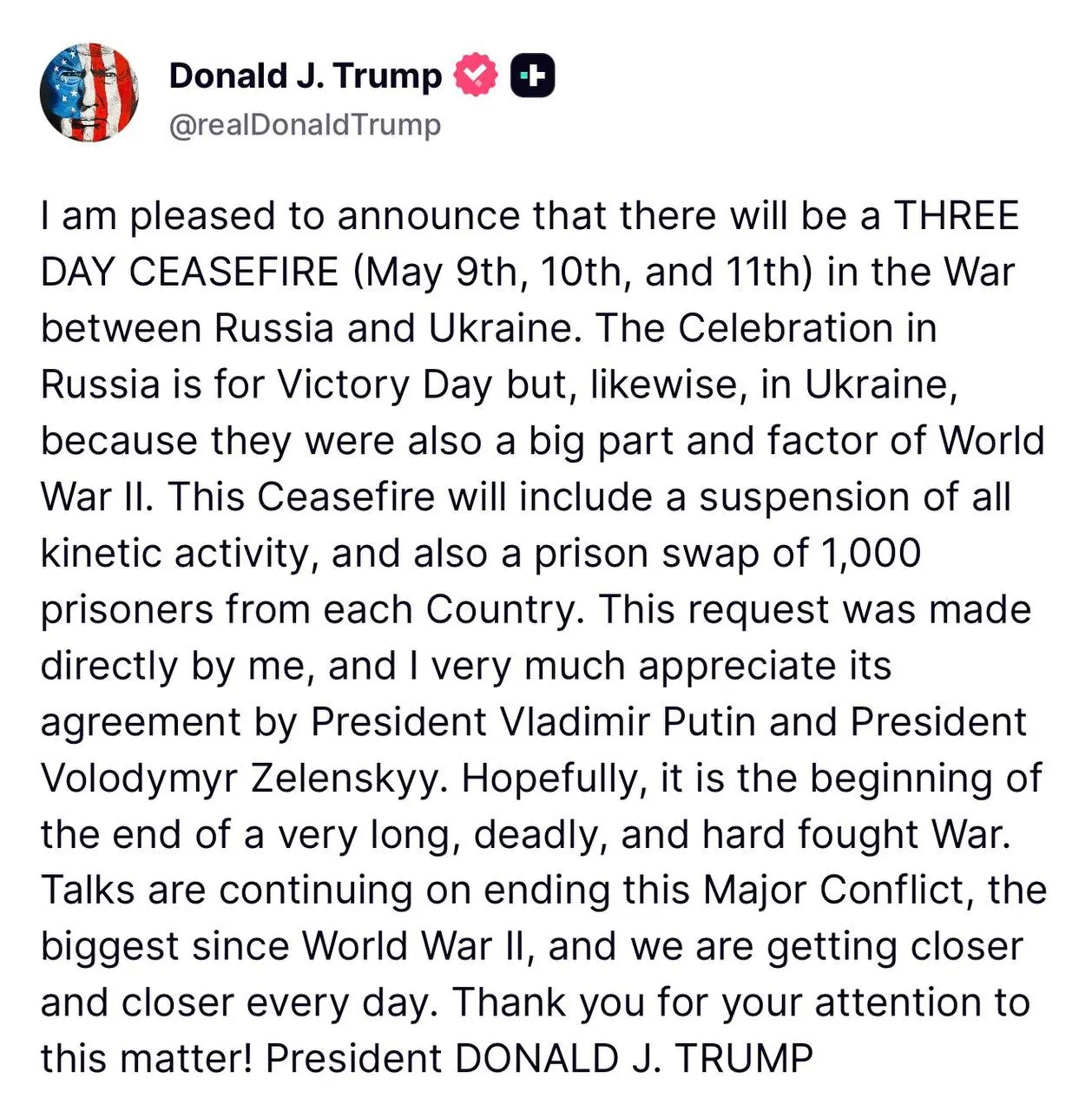 Трамп предложил обмен пленными «1000 на&nbsp;1000» в&nbsp;рамках трёхдневного прекращения огня