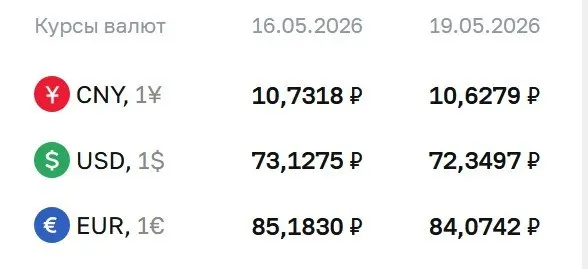 Банк России установил официальные курсы на 19 мая: доллар — 72,35 ₽ (−0,78 ₽), евро — 84,07 ₽ (−1,11 ₽), юань — 10,63 ₽ (−0,10 ₽). По этим курсам проходят расчёты по ряду инструментов, включая замещающие облигации и фьючерсы.