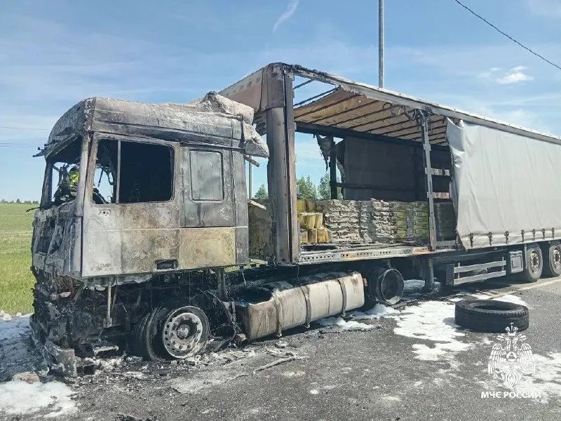 Пожар у деревни Подвязново ликвидирован силами МЧС: никто не пострадал, повреждены кабина, прицеп и несколько поддонов со смесью.