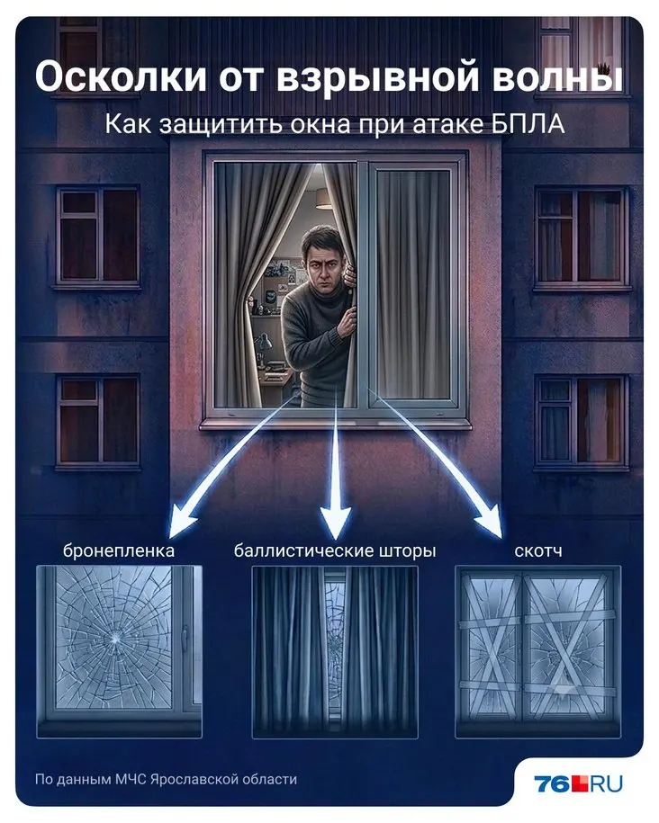 МЧС Ярославской области объясняет, какие средства помогут защитить окна и снизить риск от осколков при детонации беспилотника.