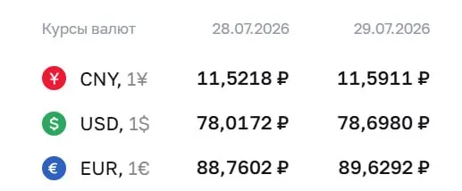 Официальный курс на 29 июля: доллар — 78,7 ₽, евро — 89,63 ₽, юань — 11,59 ₽; для доллара это максимум с 8 апреля. По курсу ЦБ проходят расчёты по ряду финансовых инструментов.