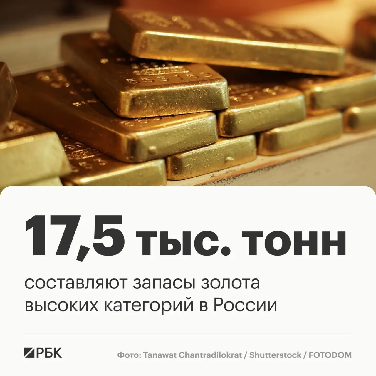 Запасы золота России оцениваются примерно в 17,5 тыс. тонн и позволят сохранить лидерство на мировом рынке примерно в течение тридцати лет; страна занимает третье место по запасам и второе — по добыче.