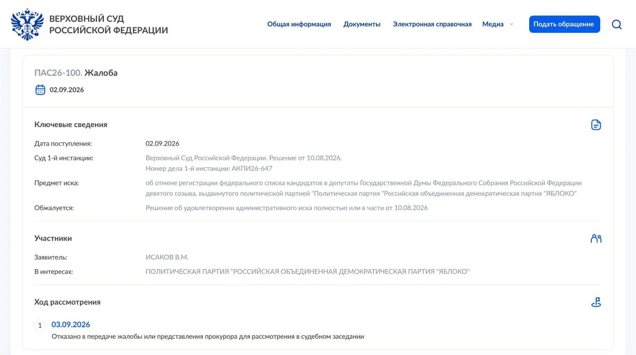 ВС отказался передавать жалобу на рассмотрение в президиум суда; партия намерена обратиться в Конституционный суд.