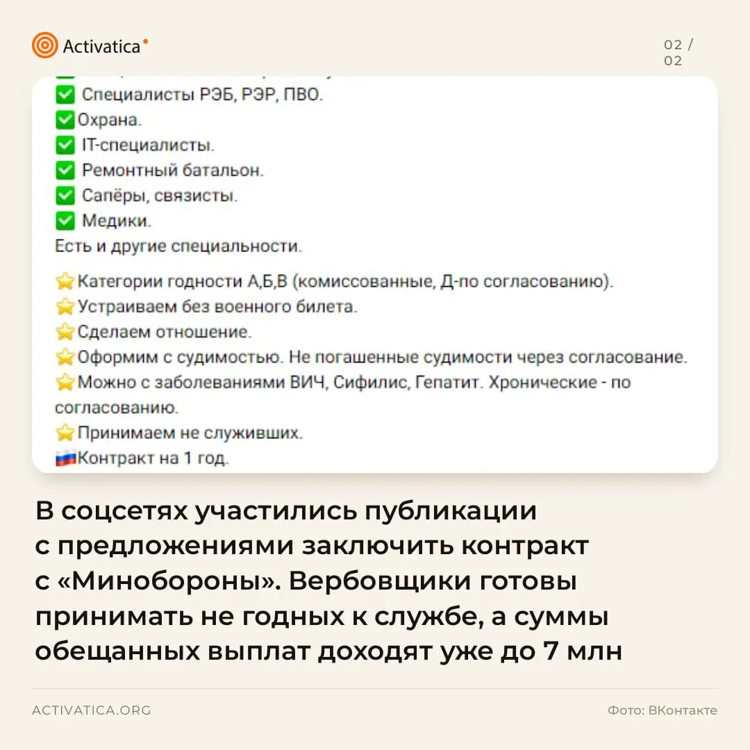 По всей России появляются объявления о контрактной службе с обещаниями крупных выплат; публикации охватывают городские сообщества.