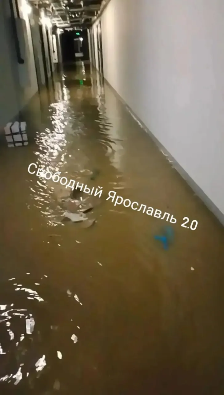 Сильный потоп затронул жилой дом в Ярославле на улице Колмогорова, 26. Специалисты устраняют последствия: откачка завершена, начат клининг.