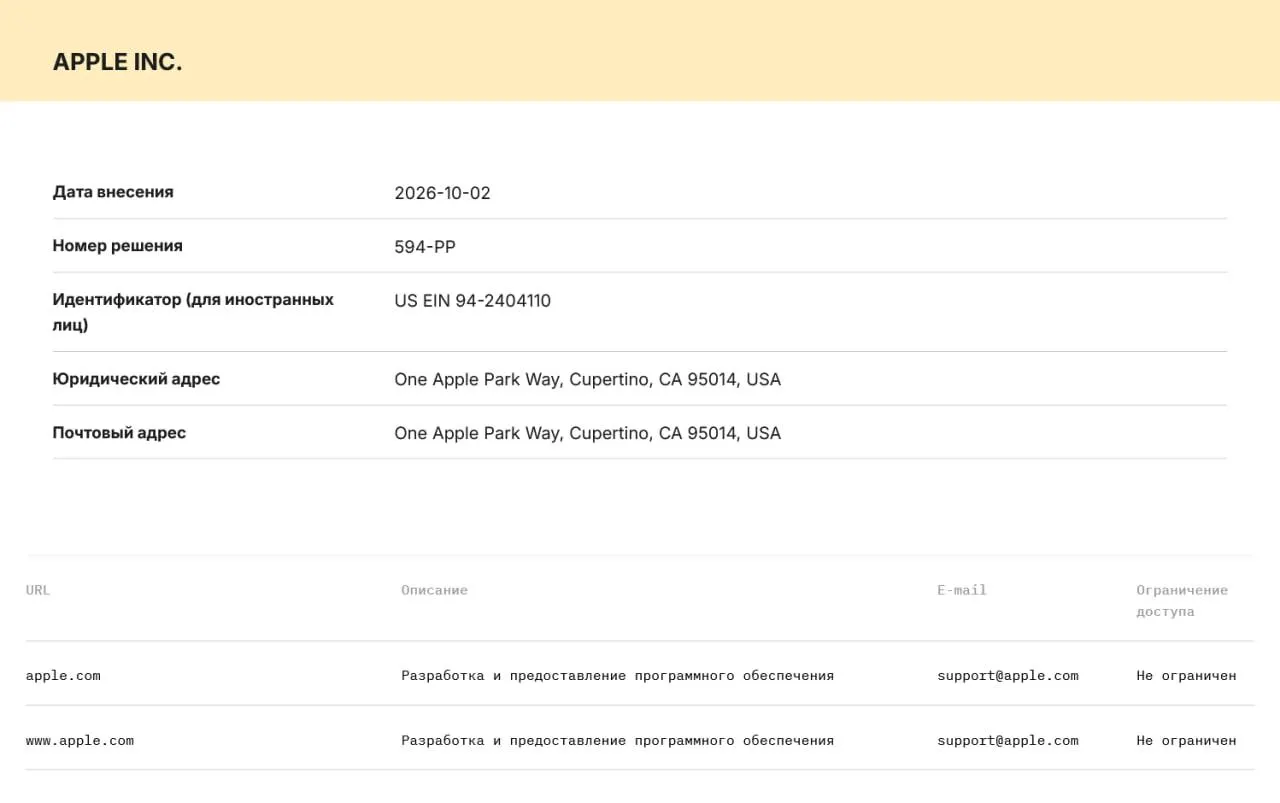 Роскомнадзор включил Apple и Microsoft в реестр организаторов распространения информации; компании обязаны хранить данные пользователей на серверах в России и передавать их силовым структурам по запросу.
